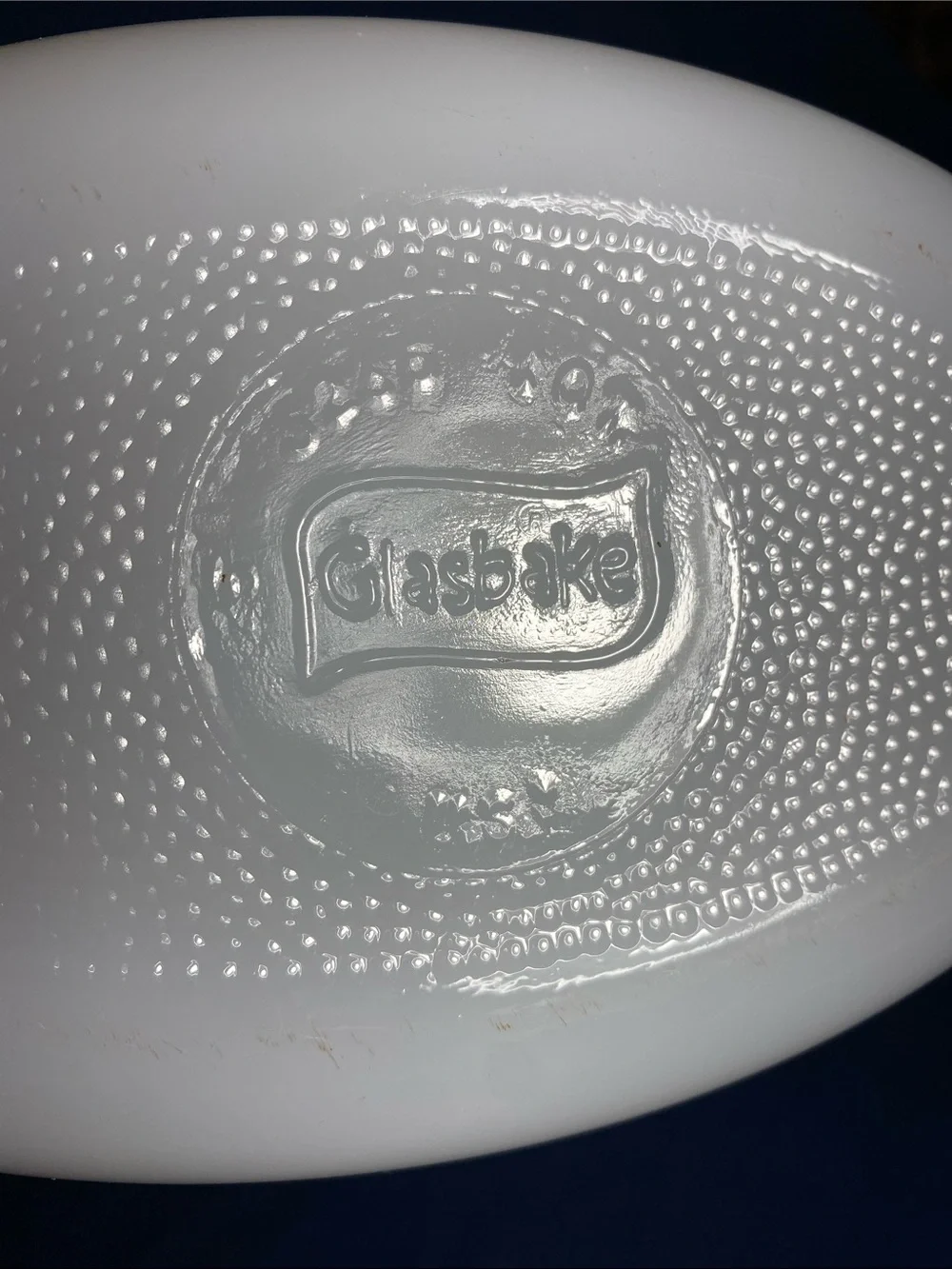Glasbake Milk Glass Oval 1 quart Casserole Dish with Green Crazy Daisy Border